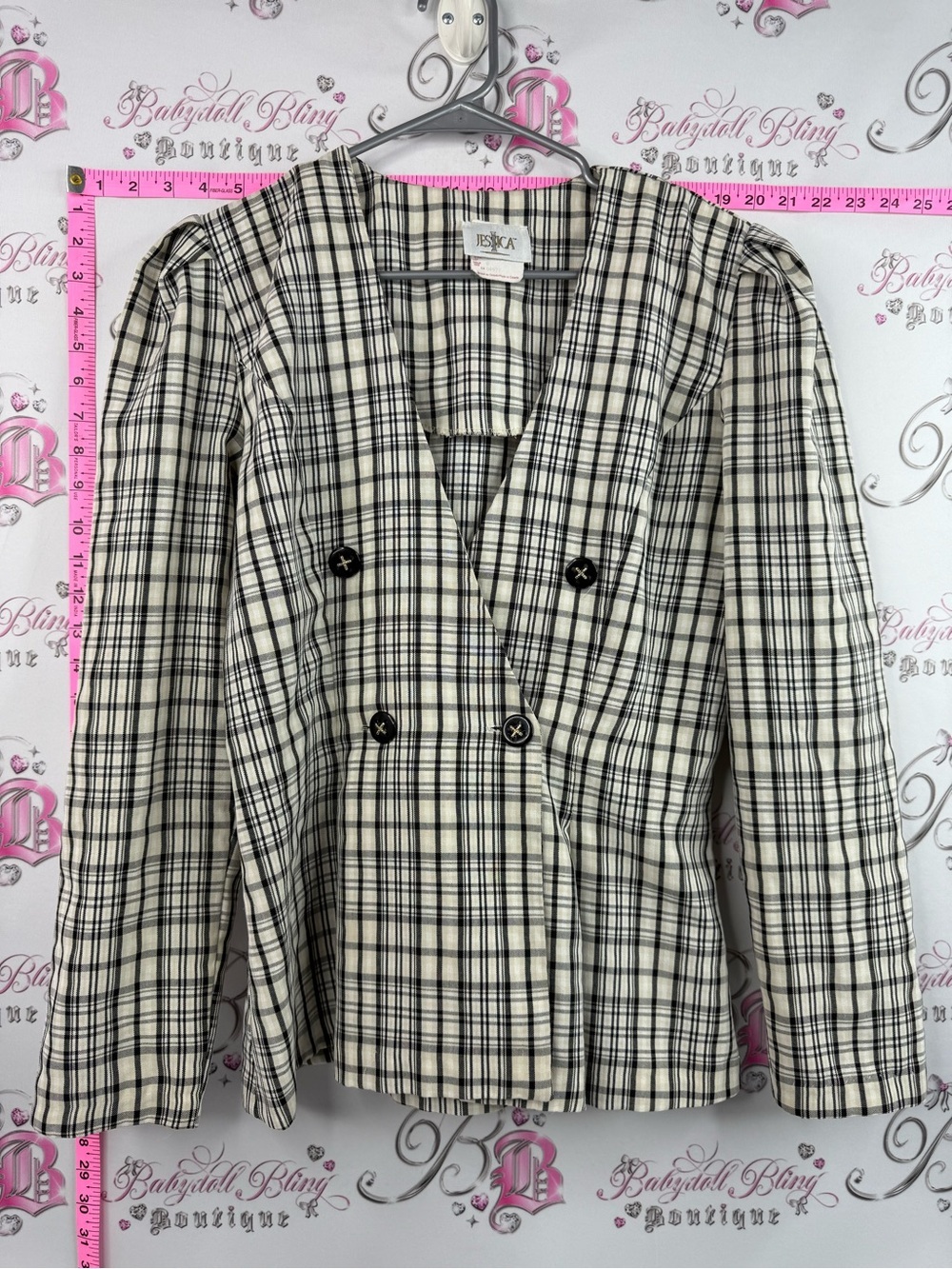 Jessica blazer button up vintage Black and White Plaid Double-Breasted Blazer